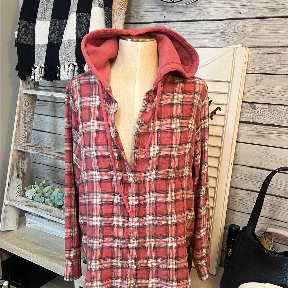 Casual Pink Plaid Button-Up Hooded Jacket